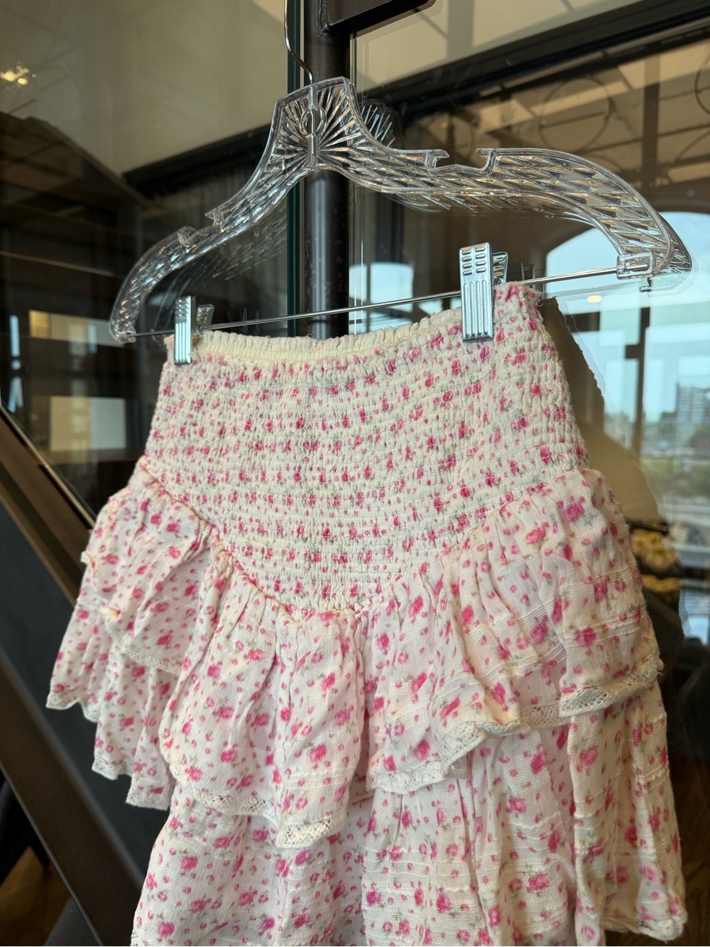 LoveShackFancy Cream Mini Ruffle Skirt with Pink Floral Print